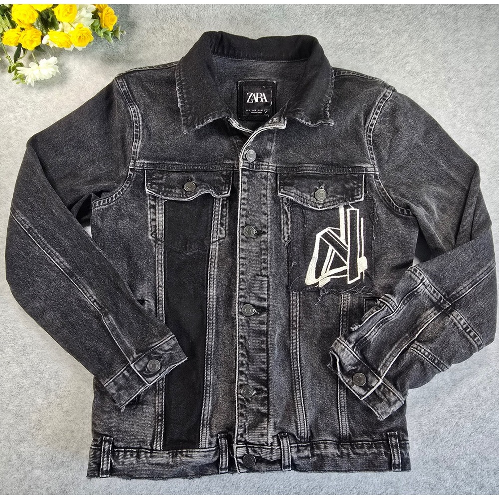 Zara Black Washed Denim Jacket with Graphic Detail